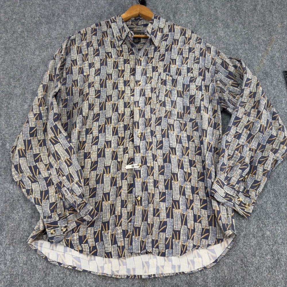 Vintage Bogari Signature Silk Abstract Print Button Down Shirt Blue Size XL